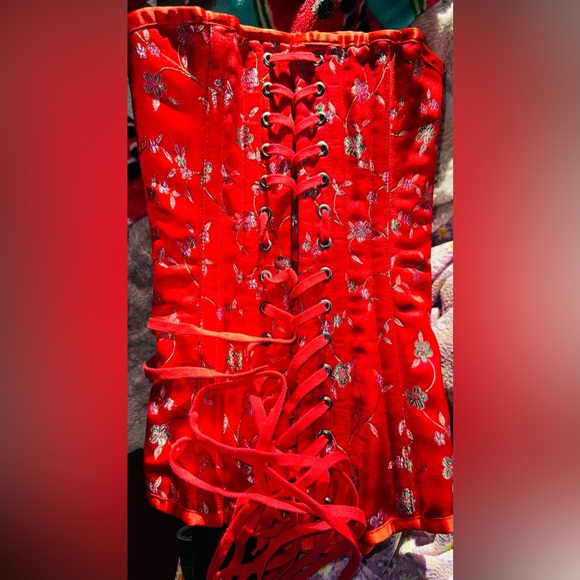 Custom HIGH QUALITY from London satin cotton with herring bone RED corset OSFM - Picture 12 of 17